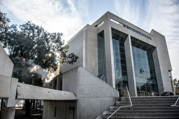 The brutalist facade of the High Court building in Canberra, opened in 1980.