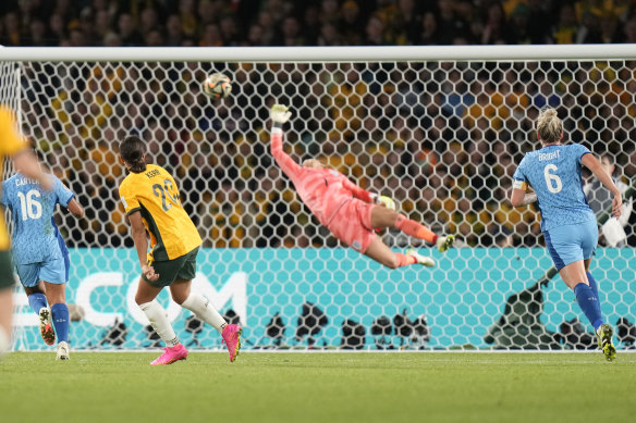Australia’s last match at Accor Stadium was the World Cup semi-final against England, when Sam Kerr scored this miraculous goal.