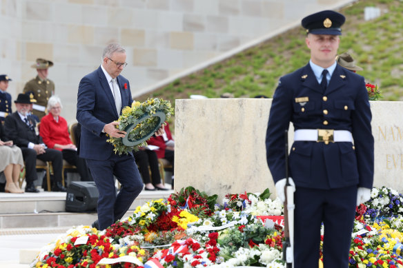 Prime Minister Anthony Albanese lays a wreath for Remembrance Day at the Australian War Memorial.