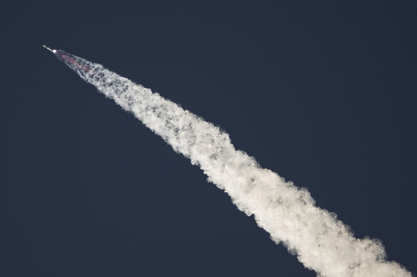 SpaceX’s mega rocket Starship launches for a test flight from Starbase in Boca Chica.