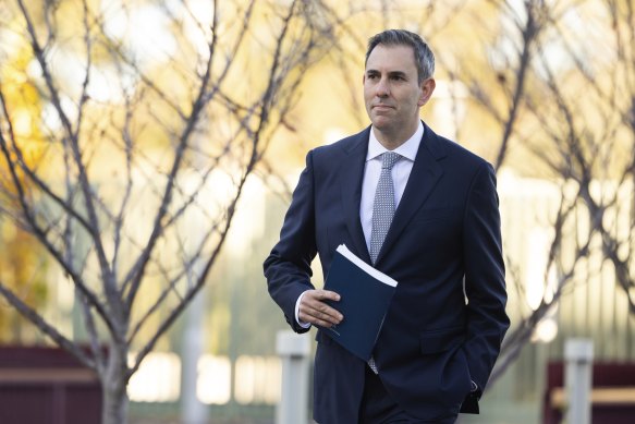 Federal Treasurer Jim Chalmers outside Parliament House in Canberra on Tuesday morning.