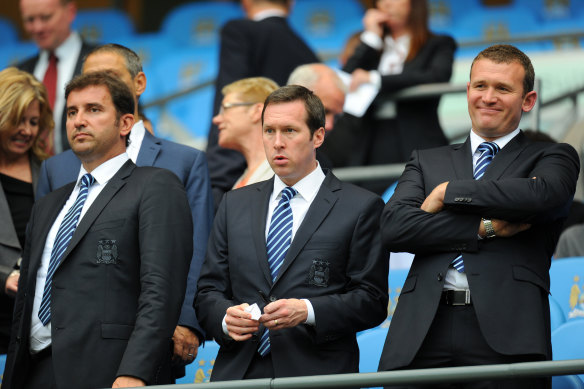 Manchester City chief executive Ferran Soriano, chief commercial and operating officer Tom Glick, and director Simon Pearce, who is considered one of the most powerful people in Australian soccer.