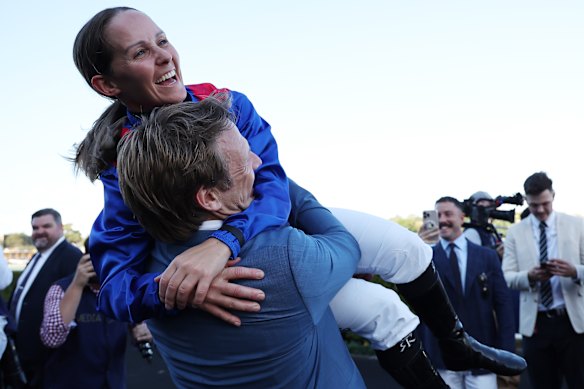 Bjorn Baker lifts jockey Rachel King after their Sydney Cup win with Arapaho.