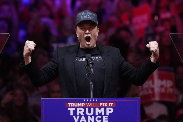 Tesla billionaire Elon Musk roared from behind the podium at Donald Trump’s rally in New York City.