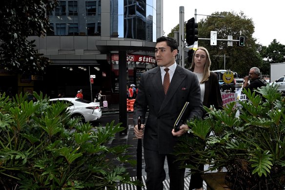 Alan Jones’ lawyer Bryan Wrench arrives at court on Tuesday.