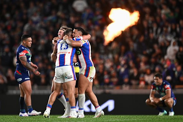 The Knights celebrate a remarkable victory at Eden Park.