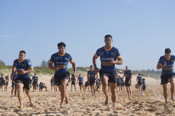 Dylan Brown leads the way at a training session at Shelly Beach on Friday
