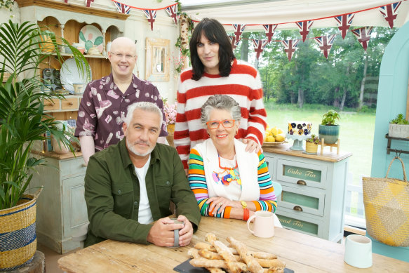 Matt Lucas, Noel Fielding, Paul Hollywood and Prue Leith on The Great British Bake Off season 12.