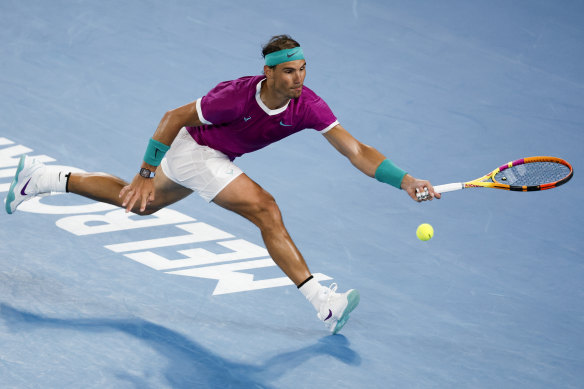 Rafael Nadal of Spain plays a forehand return to Karen Khachanov of Russia during their third round match at the Australian Open.