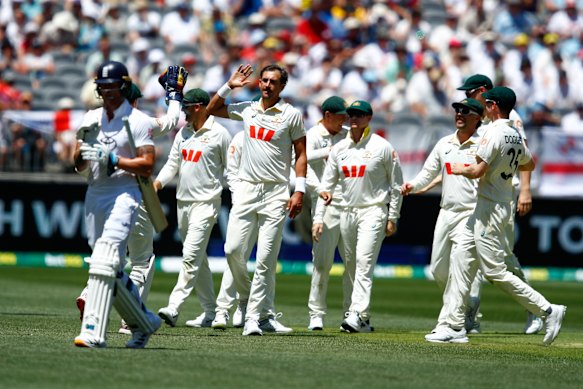 Mitchell Starc celebrates another wicket in Perth.