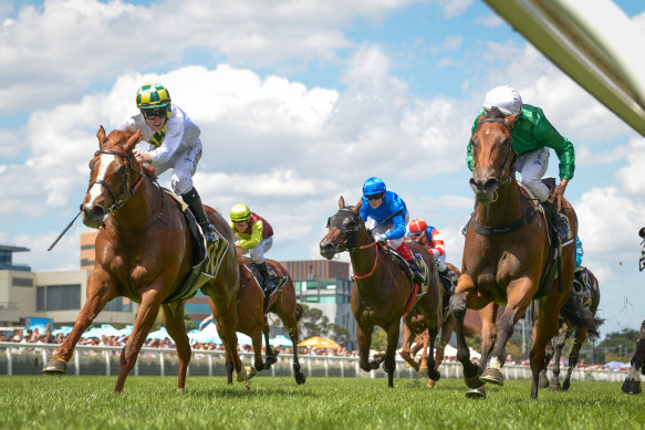 Argentia (left) wins the Kevin Hayes Stakes at Caulfield.