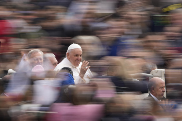 Francis arrives for his weekly general audience in St Peter’s Square at The Vatican on March 8.
