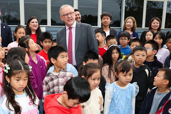 Prime Minister Anthony Albanese at a Chinese language school in the seat of Chisholm during the election campaign.