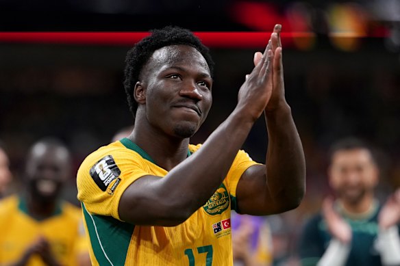 Australia’s Nestory Irankunda celebrates the win over Turkey.