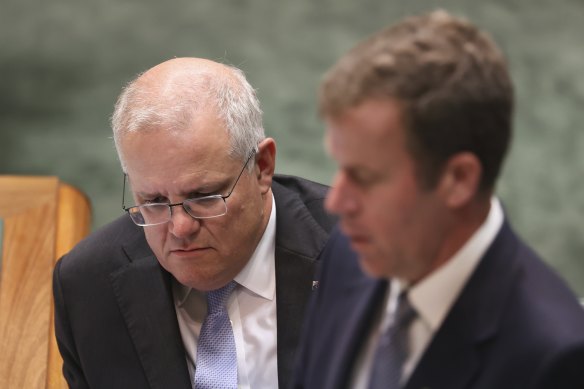 Scott Morrison and Dan Tehan in Question Time on Wednesday.