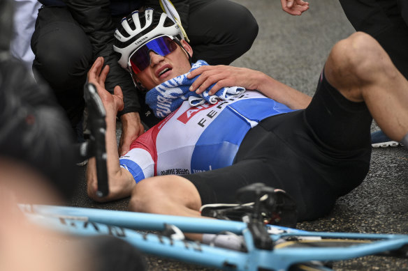 Mathieu van der Poel exhausted past the finish line. 