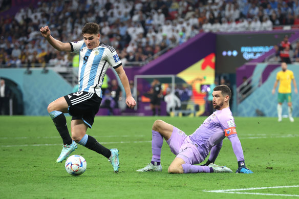 Julian Alvarez scores Argentina’s second as Mat Ryan can only watch on.