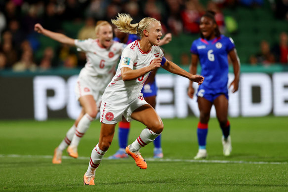 Pernille Harder celebrates scoring against Haiti in Perth.