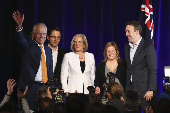 Malcolm Turnbull with wife Lucy Turnbull, son Alex Turnbull, daughter Daisy Turnbull Brown and her then-husband James Brown in 2016. 