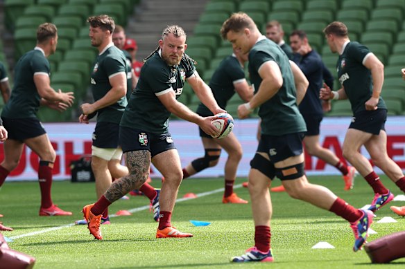 Canberra-raised prop Finlay Bealham passes at the Lions’ captains run in Dublin.