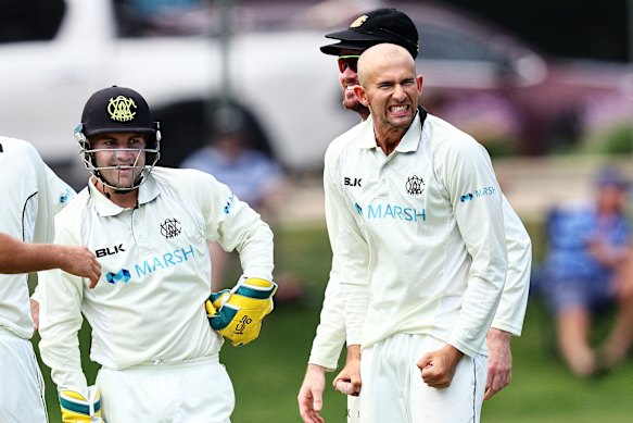 Ashton Agar celebrates on day three of the Sheffield Shield match between South Australia and Western Australia. 