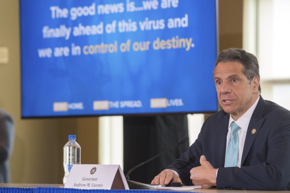 NY Governor Andrew Cuomo briefs the media during a coronavirus news conference in May.