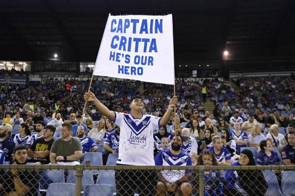 Bulldogs fans give Stephen Crichton a hero’s welcome for their trial match against Cronulla.