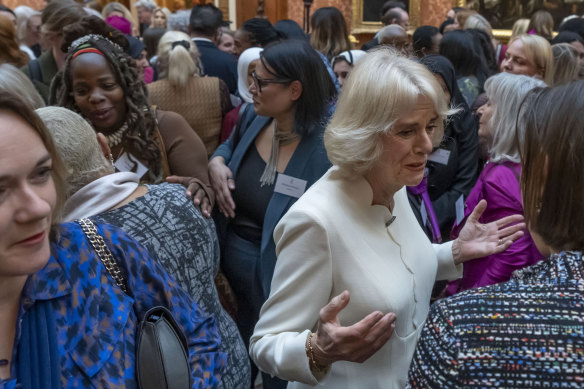Charity leader Ngozi Fulani, centre left, attends a reception held by Britain’s Camilla, the Queen Consort.