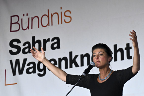 Sahra Wagenknecht, Chairwoman of the Sahra Wagenknecht Alliance (BSW), stands on stage during the election campaign event on Erfurt Cathedral Square.