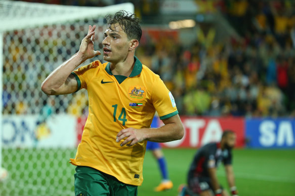 James Troisi celebrates after scoring for the Socceroos against Kuwait at the 2015 Asian Cup.