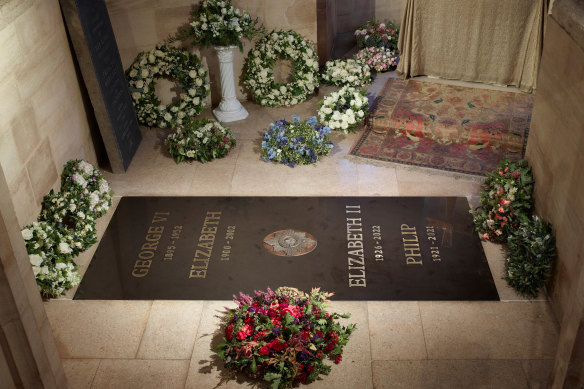 In this image released by the Buckingham Palace, the ledger stone, following the interment of the late Queen Elizabeth II, is installed at the King George VI Memorial Chapel, St George’s Chapel, Windsor Castle.