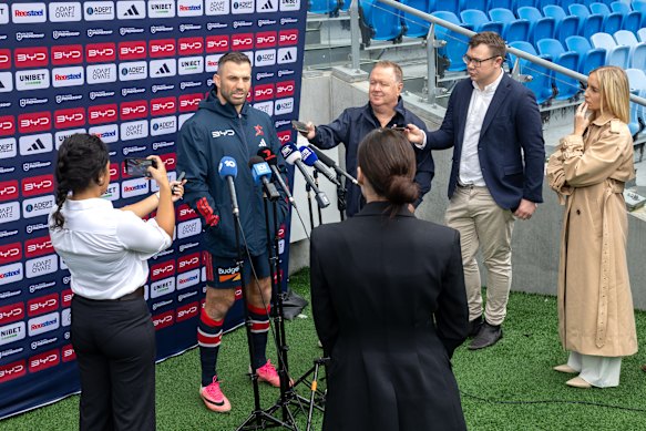 James Tedesco speaks to media on Monday.