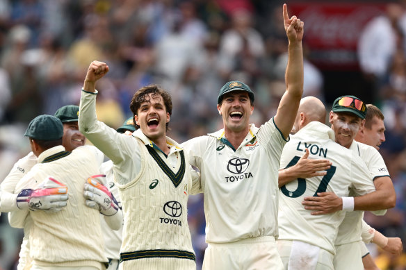 Sam Konstas and Pat Cummins celebrate Australia’s victory in the fourth Test of last summer at the MCG.