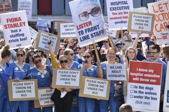 Nurses and doctors protest ourside Perth Children’s Hospital on May 25.