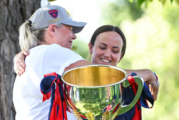 Melbourne president Kate Roffey and star player Daisy Pearce after the club’s AFLW premiership win last year.