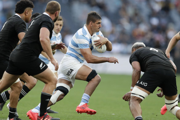 Argentina’s Pablo Matera makes a run at the defence during the Tri-Nations Test between Argentina and New Zealand.