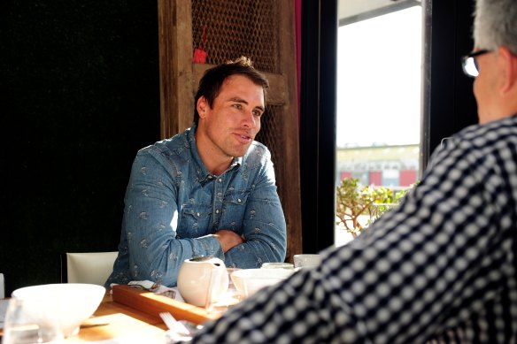 Greg Baum interviewing Richmond legend Matthew Richardson in 2013.
