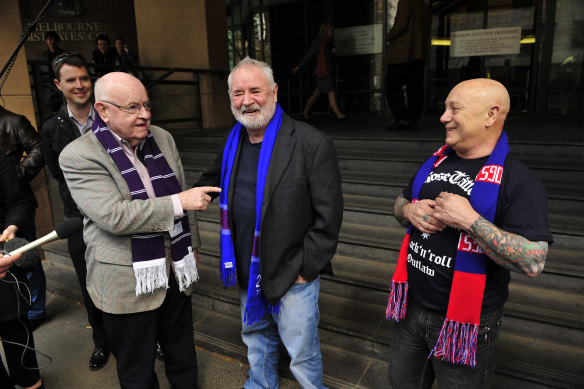 Father Bob Maguire, Twentyman and Angry Anderson on the steps of the Magistrates Court calling for an end to the knife culture developing among young people in Melbourne.