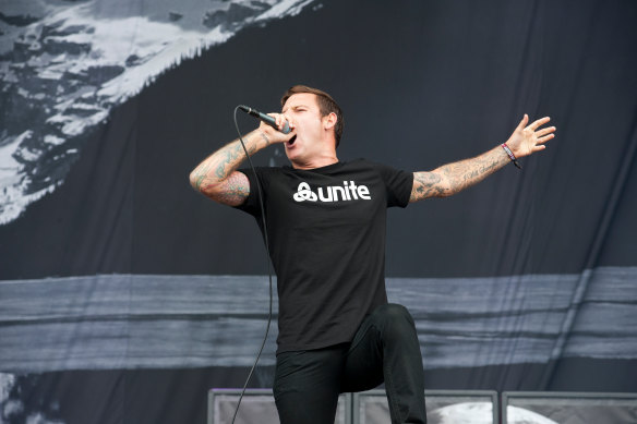 Winston McCall, Parkway Drive’s singer, wearing a T-shirt by Taylor’s clothing label, Unite.