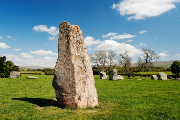 Prehistoric Neolithic standing stone circle Long Meg and Her Daughters, Cumbria, England.