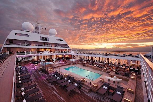 The pool deck at sunrise.
