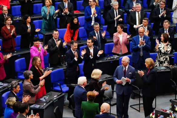 King Charles III, second from bottom right, receives a standing ovation at the Bundestag, the German parliament, on Thursday.