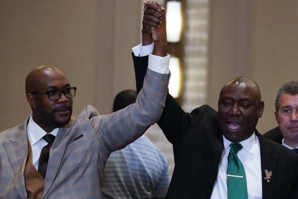 George Floyd’s brother Philonise Floyd and Attorney Ben Crump, from left, react after a guilty verdict was announced at the trial of former Minneapolis police officer Derek Chauvin.