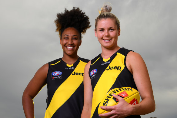 Sabrina Frederick, left, and Katie Brennan, are ready for the new AFLW season. 