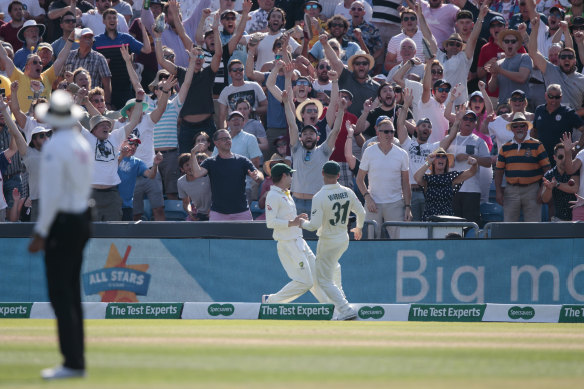 England supporters cheer a six by Ben Stokes in his astonishing innings.