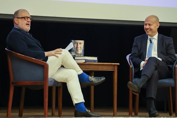 Russel Howcroft with Josh Frydenberg at the town hall launch on Wednesday evening.