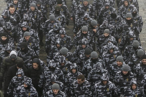 Volunteers with the far-right Azov Battalion during a rally in Kiev, Ukraine, in 2018.