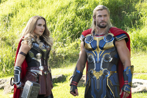 Natalie Portman as Mighty Thor and Chris Hemsworth as Thor in Thor: Love And Thunder.