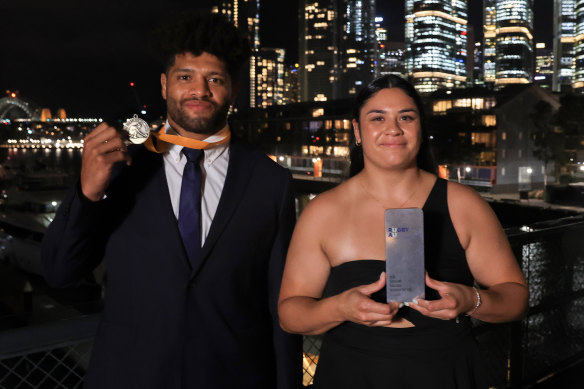 John Eales Medal winner Rob Valetini and Wallaroos player of the year Eva Karpani.