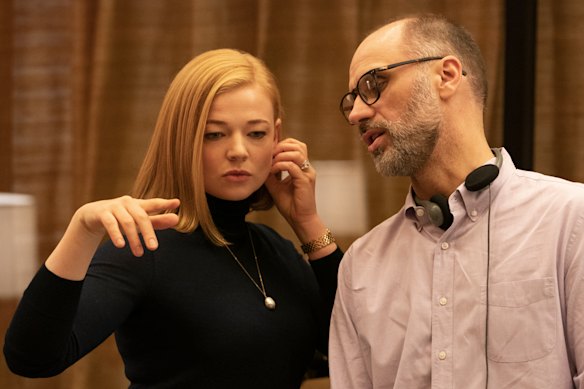 Jesse Armstrong with Australia’s Sarah Snook on the set of Succession.